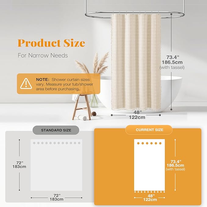 BTTN Boho Shower Stall Curtain - 48x72 Narrow Linen Ultra Thick Tassel Fabric Shower Curtain Set with 8 Plastic Hooks, Half Camper RV Modern Farmhouse Country Shower Curtains for Bathroom, Cream/Beige
