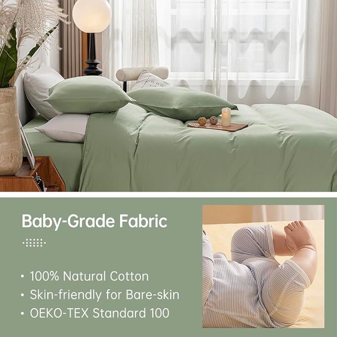 JELLYMONI Light Green Duvet Cover Twin Size - 100% Washed Cotton Linen Feel Textured Comforter Cover, 2 Pieces Breathable Soft Bedding Set with Zipper Closure (Light Green, Twin 68"x90")