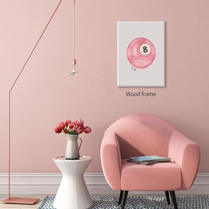 Pink 8 Ball Wall Art Vintage Trendy Preppy Pool Ball Posters Minimalist Retro Light Pink Canvas Prints 16x24 inch Framed Lucky Number Painting for Girly Bedroom Dorm Wall Decor