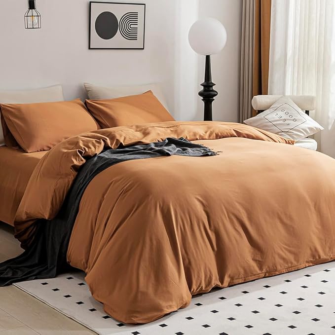 JELLYMONI Burnt Orange Duvet Cover Queen Size - 100% Washed Cotton Linen Like Textured Comforter Cover, 3 Pieces Breathable Soft Bedding Set with Zipper Closure (Burnt Orange, Queen 90"x90")