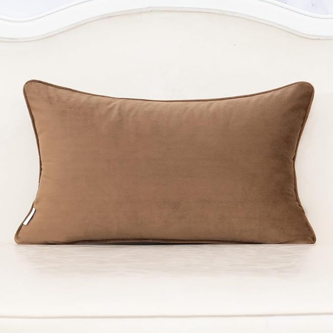 Alerfa Brown Throw Pillow Cover 12x20 Inch, Rectangle Cut Velvet Maple Leaf Embroidery Luxury Farmhosue Lumbar Decorative Pillow Cover for Couch Living Room Bedroom