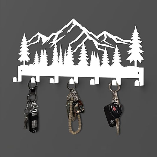 Key Holder Wall Mounted Key Hooks, White Metal Key Rack Hooks, Little Grove, Mountain Theme Wall Decoration Hooks, with 7 Hooks, Applicable to Front Doors, Lobby,Corridor, Offices (12 ")