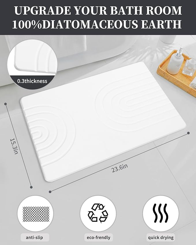 Stone Bath Mat 24"x16" - Diatomaceous Earth Shower Mat, Quick Dry, Anti-Slip, Modern Design with Bonus Non-Slip Pad - Perfect for Home Safety and Style,Gray,Straight