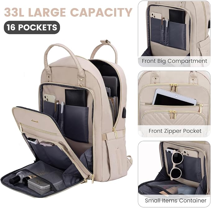 LOVEVOOK Laptop Backpack for Women, Water Resistant Travel Work Backpacks Purse Stylish Business Teacher Nurse Computer Bag with USB Charging Port,Antiquewhite