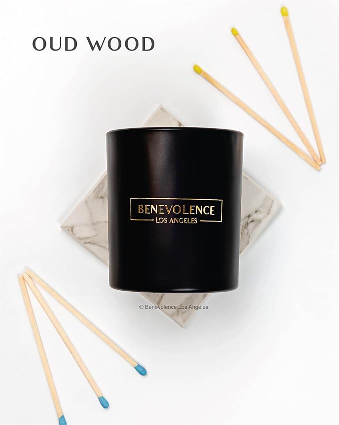 Benevolence LA Oud Wood Scented Candle | Soy Candles, Black Candle for Home | Gifts for Women and Men | Home Fragrance | Aromatherapy | 8oz, 45 Hour Burn