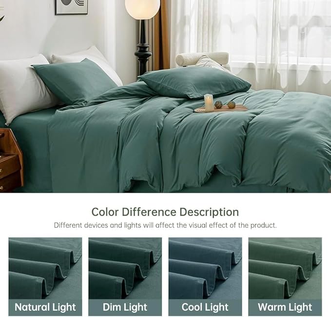 JELLYMONI Cotton Duvet Cover King Size - 100% Washed Cotton Linen Like Textured Comforter Cover, 3 Pieces Breathable Soft Bedding Set with Zipper Closure (Dark Green, King 104"x90")