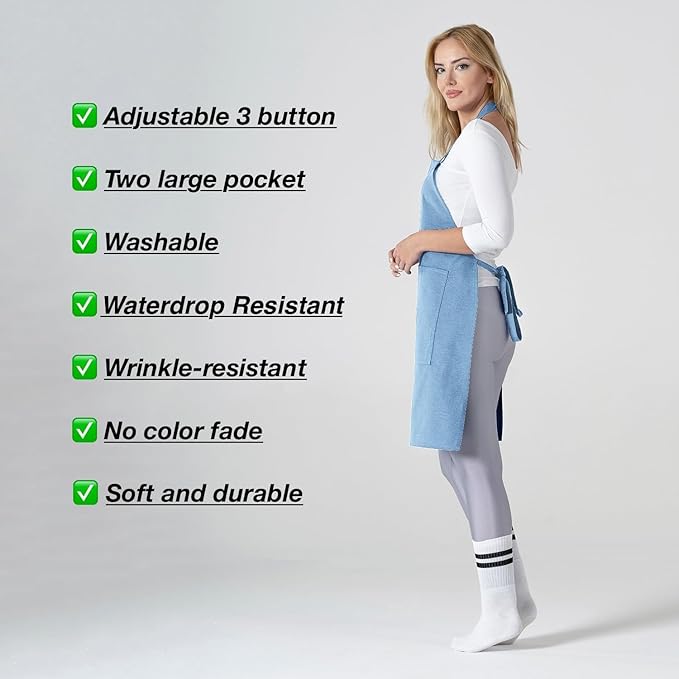 TOSHE Kitchen Apron Waterdrop Resistant Cotton Apron with adjustable Aprons for Women with Pockets 10 Color option Cooking Apron Light Blue (Light Blue)