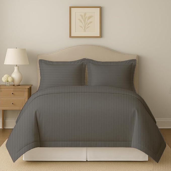 eBeddy Linens Dark Grey Striped Duvet Cover Set Twin/Twin XL Size 68x90 Inch Egyptian Cotton Soft and Lightweight 3 Pieces (1 Comforter Cover & 2 Pillowcase) Zipper Closure & Corner Ties