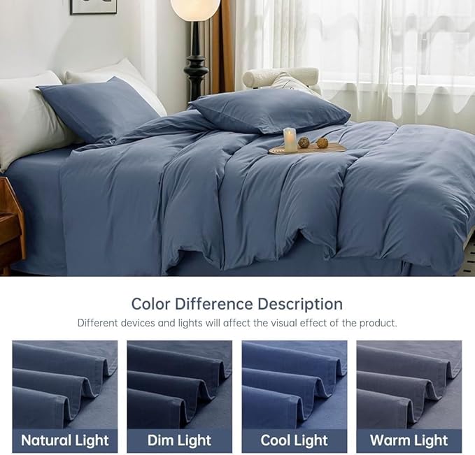 JELLYMONI Cotton Blue Duvet Cover Twin Size - 100% Washed Cotton Linen Like Textured Comforter Cover, 2 Pieces Breathable Soft Bedding Set with Zipper Closure (Blue, Twin 68"x90")