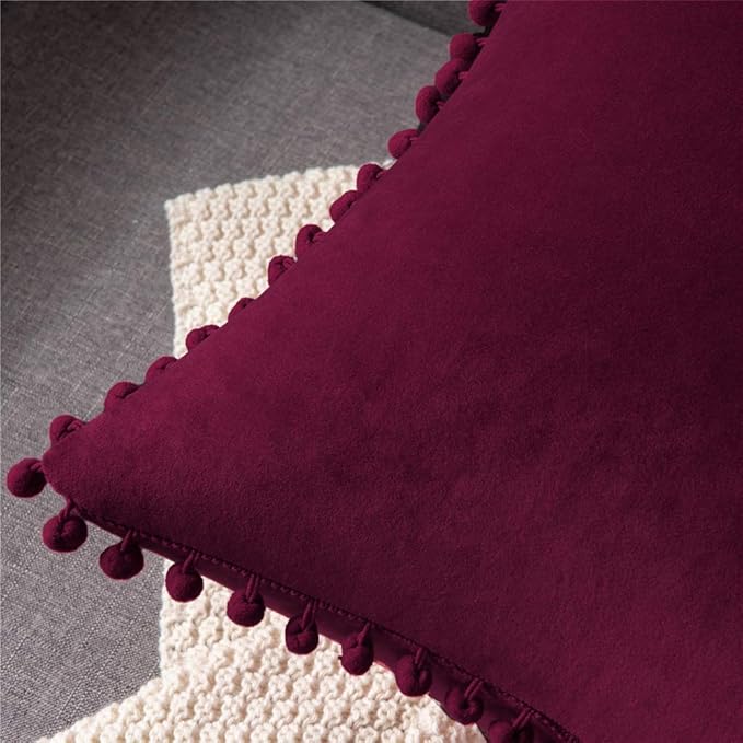 DEZENE Throw Pillow Covers 22x22 Wine Red: 2 Pack Cozy Soft Pom-poms Velvet Square Decorative Pillow Cases for Farmhouse Home Decor