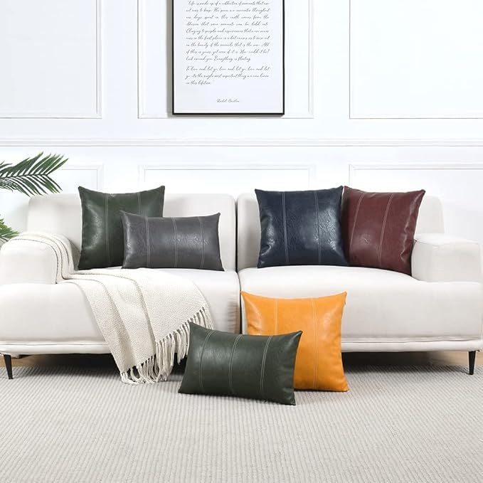 Fancy Homi 2 Packs Dark Gray Lumbar Faux Leather Decorative Throw Pillow Covers 12x20 Inch for Outdoor Couch Bed, Modern Farmhouse Boho Home Decor, Grey Hand Stitched Cushion Case 30x50 CM