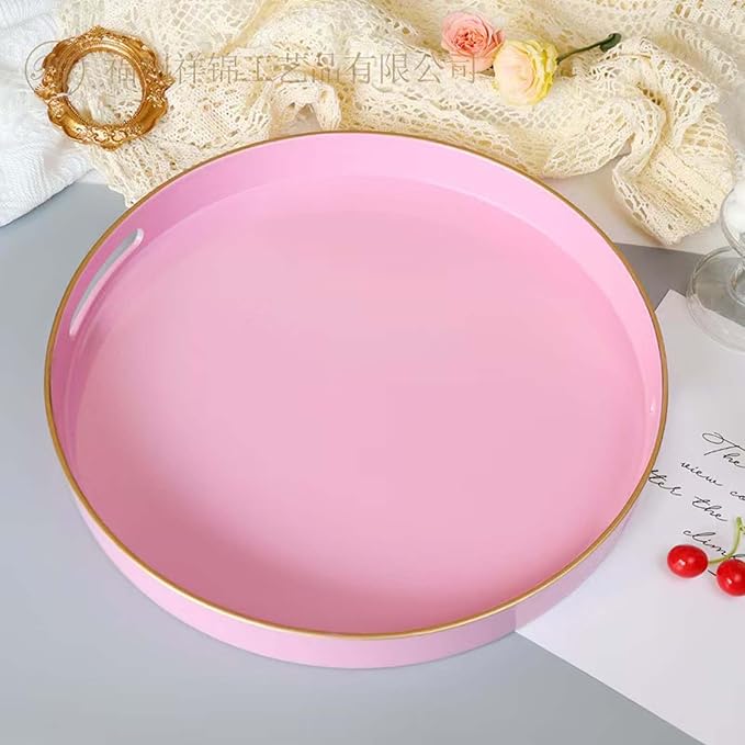 Pink Decorative Tray,Elegant Round Plastic Serving Tray with Handles,Round Ottoman Trays Coffee Table Trays for Living Room,Home Decor 13"
