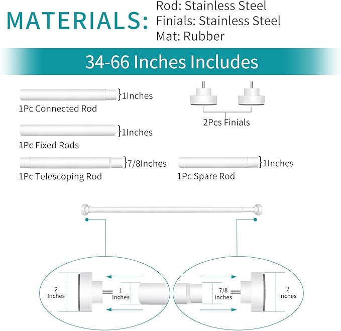 YNL Tension Shower Curtain Rod 34-66 Inch, Adjustable Spring Tension Curtain Rod No Drilling, Non-Slip, Never Rust, Stainless Steel, for Small Window Laundry Door Entryway,White