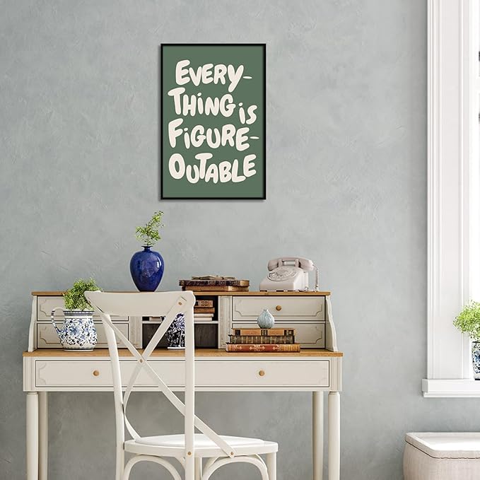 Trendy Sage Green Everything Is Figureoutable Wall Art, Office Motivational Quote Poster Wall Decor, Inspirational Positive Affirmations Wall Decor for Classroom Kids Room 12x16in Framed