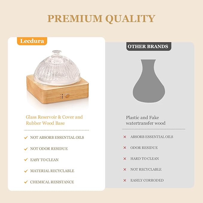 Glass Essential Oil Diffuser with Glass Reservoir & Wood Base, 200ml Ultrasonic Lock Color Timer Auto-Off 7 Color Light Aroma Glass Dome Diffuser for Home Office Bedroom Yoga