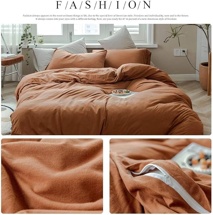AMWAN Jersey Knit Cotton Duvet Cover Set Solid Pumpkin Color, Luxury Soft Comforter Cover Queen Size 3 Piece Bedding Set 1 Duvet Cover 2 Pillowcases Set