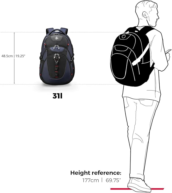 Swissdigital Design Laptop Backpack with USB Charging Port, Travel Backpack Fits 15.6 inches Computer, 31L College School Backpack for Men, Blue/Black | SD803