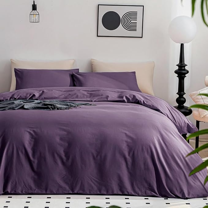 JELLYMONI Purple Bedding Duvet Cover Set - 100% Washed Cotton Linen Like Textured California King Comforter Cover, 3 Pieces Soft Bedding Set with Zipper Closure (Purple, Cal King 104"x98")