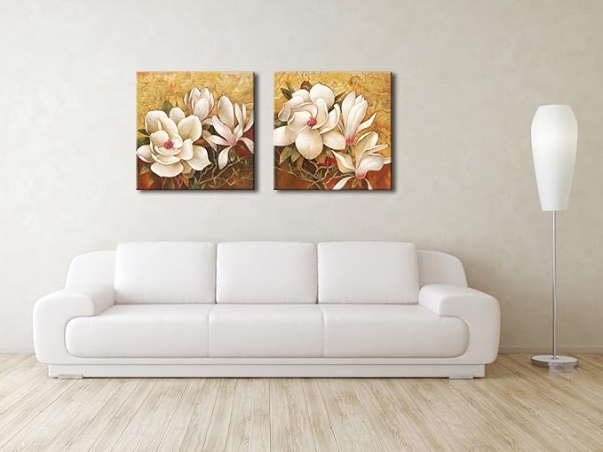Pyradecor Magnolia Flowers Large Modern 2 Panels Gallery Wrapped Floral Giclee Canvas Prints Oil Paintings Artwork Style Brown Pictures on Canvas Wall art for Living Room Bedroom Home Decorations L