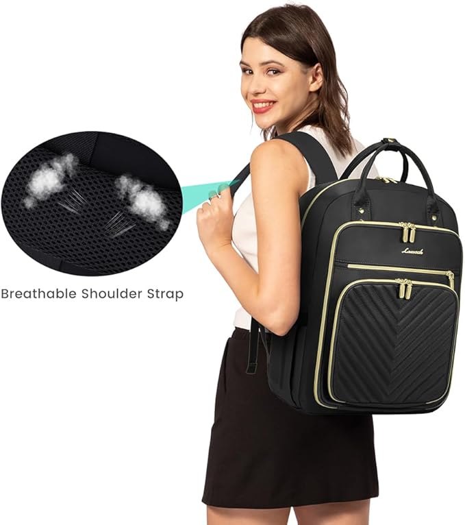 LOVEVOOK Laptop Backpack for Women, Water Resistant Travel Work Backpacks Purse Stylish Business Teacher Nurse Computer Bag with USB Charging Port,Black