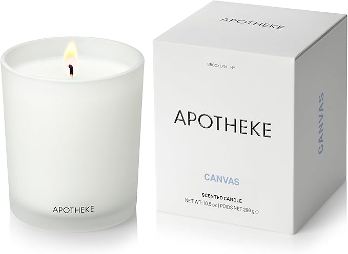 Apotheke Signature Scented Candles for Home, Canvas - 10.5 oz - Soy Wax, Non Toxic, Large Jar White - Luxury Candle Gifts for Women & Men - White Musk, Dew Drops, and Lily of The Valley