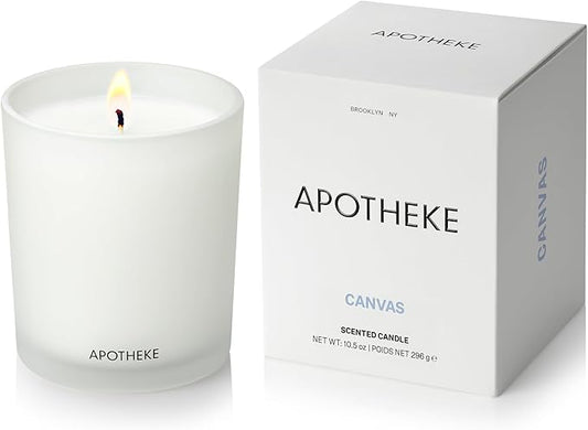 Apotheke Signature Scented Candles for Home, Canvas - 10.5 oz - Soy Wax, Non Toxic, Large Jar White - Luxury Candle Gifts for Women & Men - White Musk, Dew Drops, and Lily of The Valley