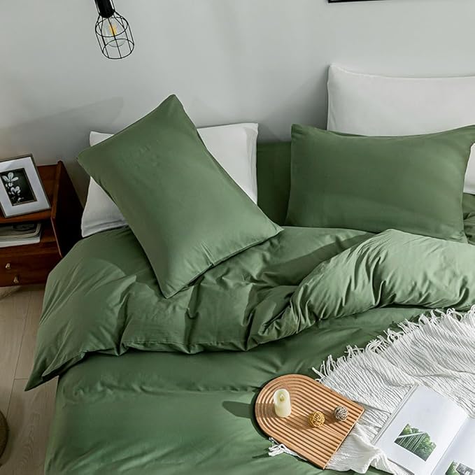 JELLYMONI Green Duvet Cover California King - 100% Washed Cotton Linen Like Textured Comforter Cover, 3 Pieces Breathable Soft Bedding Set with Zipper Closure (Green,Cal King 104"x98")