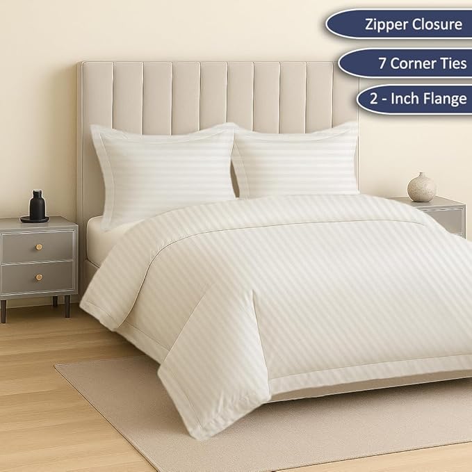 eBeddy Linens Duvet Cover Set Twin/Twin XL Size 68x90 Inch Certified Egyptian Cotton Soft and Lightweight 3 Pieces (1 Comforter Cover & 2 Pillowcase) Zipper Closure & Corner Ties, White Striped