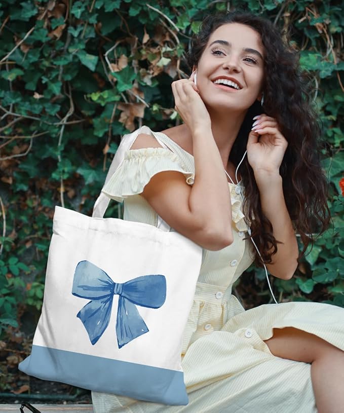 Coquette Pink Bow Preppy Canvas Tote Bag for Women Teens Teen Girls, Pink Bow Girls Tote Bag, Coquette Gifts