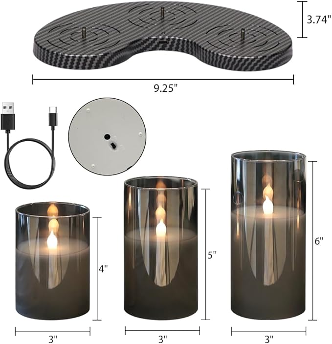 GenSwin Rechargeable Candles with Remote Timer, 3 Pack Glass Flameless Candles with Charging Base, Black LED Candles Flickering Battery Operated for Halloween Home Decorations(Set of 3, D3” x H4”5”6”)