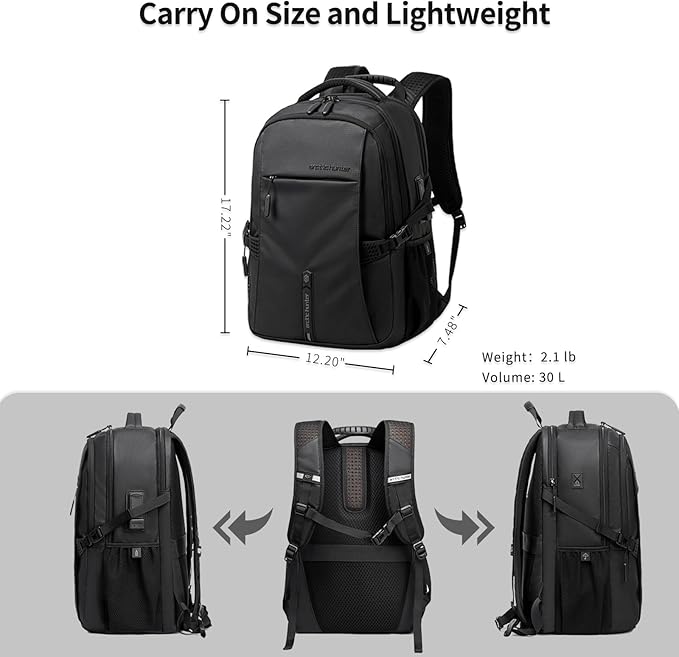Business Laptop Backpack for Men Work Commuting, 30L Large Travel Carry On Backpack Flight Approved for Airplane, Professional Adult College Backpacks Casual Daypack, Black
