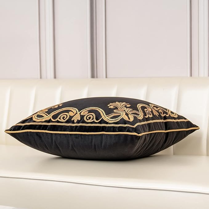 Aeckself European Floral Pillow Cover 24x24 Inch, Large Luxury Velvet Embroidered Decorative Throw Pillow Cover for Couch Bedroom Living Room, Black and Gold, Yw-OBYG-Black6060