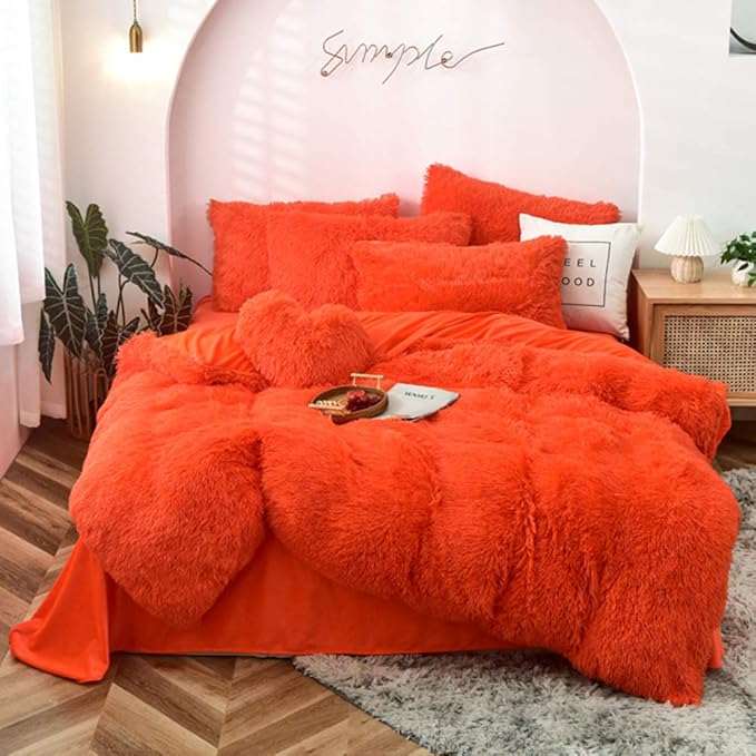 MorroMorn 5 PCS Shaggy Duvet Cover Bedding Set - Fluffy Comforter Cover Long Faux Fur Luxury Ultra Soft Cozy (Orange, Full/Queen)
