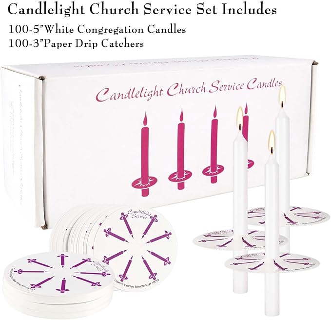 100 Pcs White Unscented Taper Candle with Drip Protectors, Church, Vigil, Shabbat, Prayer, 5 Inch