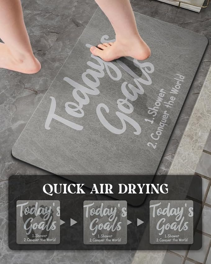 MontVoo -Bath Mat Rug- Non Slip Quick Dry Absorbent Thin Bathroom Rugs Fit Under Door-Faux Suede Surface Bathroom Floor Mats-Shower Rug for in Front of Bathtub Shower 16"X24" Grey Text Pattern