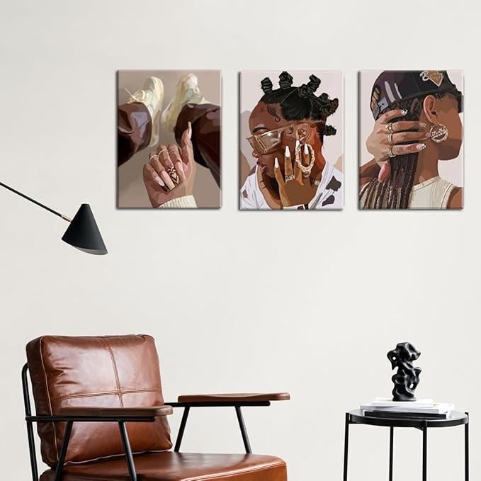 Marllifenney 3Pcs Black Girl Wall Art Framed Trendy Black Woman Decor Posters Abstract African American Canvas Prints Modern Black Women Painting Female Pictures for Bedroom Living Room Dorm 16x24in