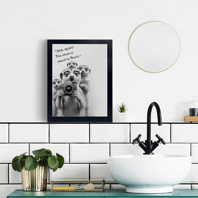 Orvannaatr Frame Bathroom Wall Art, Black and White Meerkat Canvas Wall Art - Meerkat Painting with Camera - for Toilet Bathroom Animal Art- 8 "x 10"