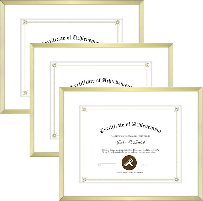 Golden State Art 14x11 Picture Frame 3 Pack - Aluminum Frames with 8.5x11 Removable Mats & Real Glass, Display 11x14 Photos or 8.5x11 Certificates - Gold Gallery Wall Frames for Home Office Decor