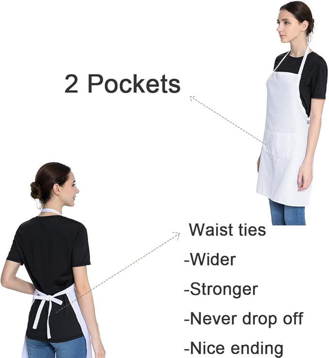 Total 6PCS White Apron for Women Adult Unisex Plain Color Bib aprons with 2 Front Pockets Washable Chef Aprons for Cooking Baking Kitchen Restaurant Crafting