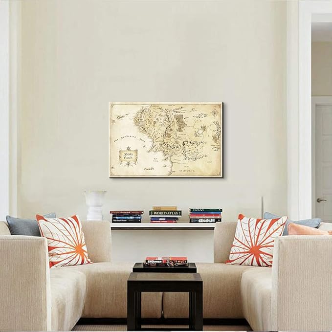Middle Earth Map Wall Art Canvas Print - Fantasy Map of Middle Earth - 16''H x 24''W with Inner Wooden Frame - Lightweight & Easy to Hang - Perfect for Bedroom, Game Room Decor