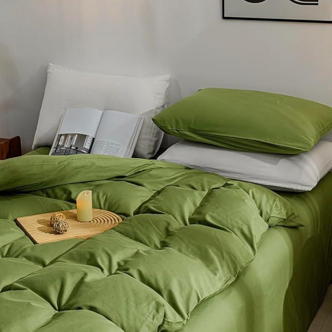 JELLYMONI Bedding Duvet Cover California King - 100% Washed Cotton Linen Like Textured Comforter Cover, 3 Pieces Soft Cooling Bedding Set with Zipper Closure (Avocado Green, Calking 104"x98")