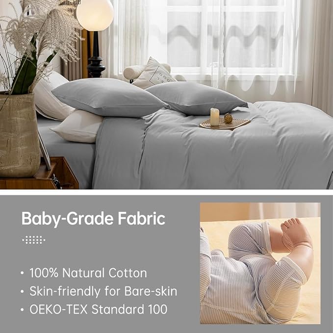 JELLYMONI Cotton Duvet Cover Queen Size - 100% Washed Cotton Linen Like Textured Comforter Cover, 3 Pieces Breathable Soft Bedding Set with Zipper Closure (Light Gray, Queen 90"x90")