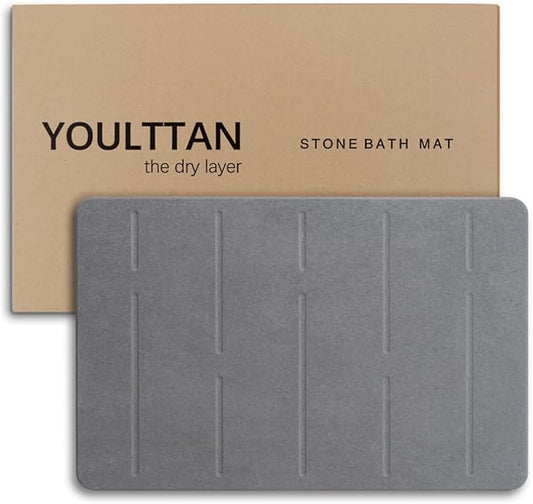 Stone Bath Mat 24"x16" - Diatomaceous Earth Shower Mat, Quick Dry, Anti-Slip, Modern Design with Bonus Non-Slip Pad - Perfect for Home Safety and Style,Gray,Straight