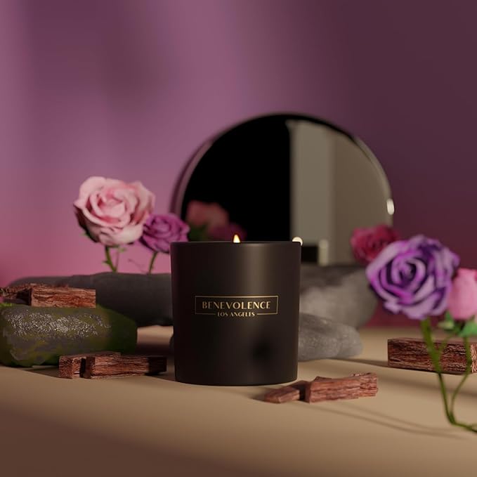 Benevolence LA Rose & Sandalwood Scented Candle | Soy Candles, Black Candle for Home | Gifts for Women and Men | Home Fragrance | Aromatherapy | 8oz, 45 Hour Burn