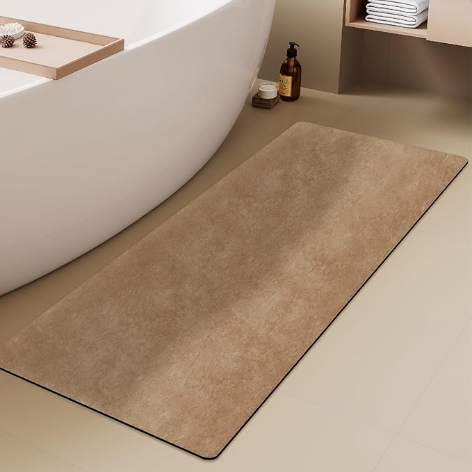 Bathroom Mat Quick Dry, Bathroom Rugs Non Slip Washable Thin Absorbent Bath Mat Fits Under Door Bathroom Floor Mat Perfect for Bath, Shower, or Sink 17"x59" Camel