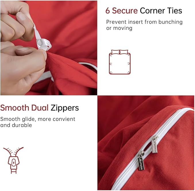 JELLYMONI Red Duvet Cover Queen Size - 100% Washed Cotton Linen Like Textured Comforter Cover, 3 Pieces Breathable Soft Bedding Set with Zipper Closure (Red, Queen 90"x90")