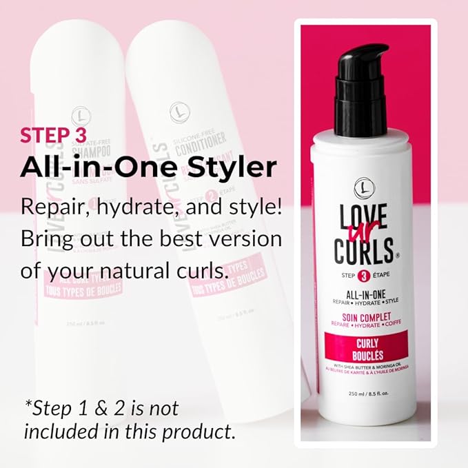 Love Ur Curls All in One Curl Cream Styler, Anti Frizz Curling Cream for Curly Hair, Repair, Define, Hydrate & Style with Shea Butter, 250mL