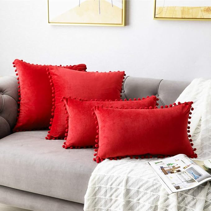 DEZENE Throw Pillow Covers 12x20 Red: 2 Pack Cozy Soft Pom-poms Velvet Rectangular Decorative Pillow Cases for Farmhouse Home Decor