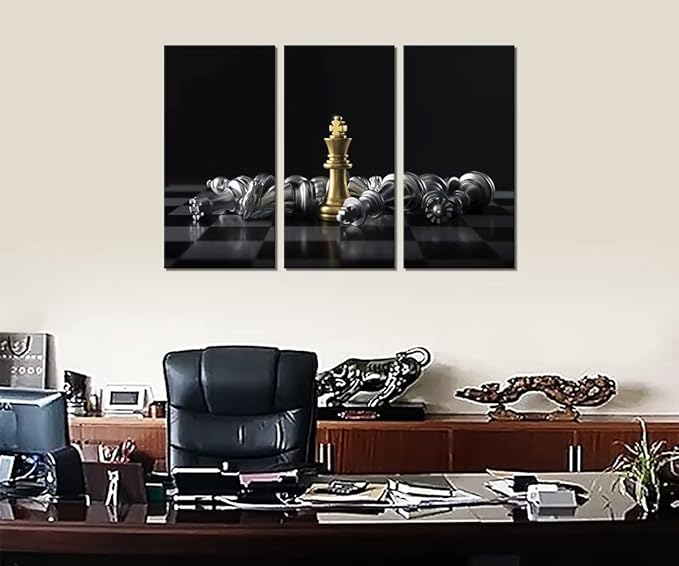 Chess Canvas Wall Art Black and Gold Wall Decor King and Queen Checkerboard Pieces Painting for Living Room Bedroom Classroom King Wins Game Pictures Prints Poster Artworks (24''H x 36''W)