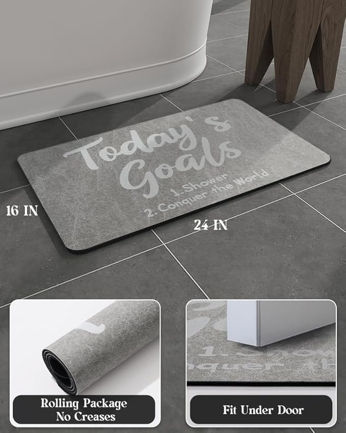 MontVoo -Bath Mat Rug- Non Slip Quick Dry Absorbent Thin Bathroom Rugs Fit Under Door-Faux Suede Surface Bathroom Floor Mats-Shower Rug for in Front of Bathtub Shower 16"X24" Grey Text Pattern
